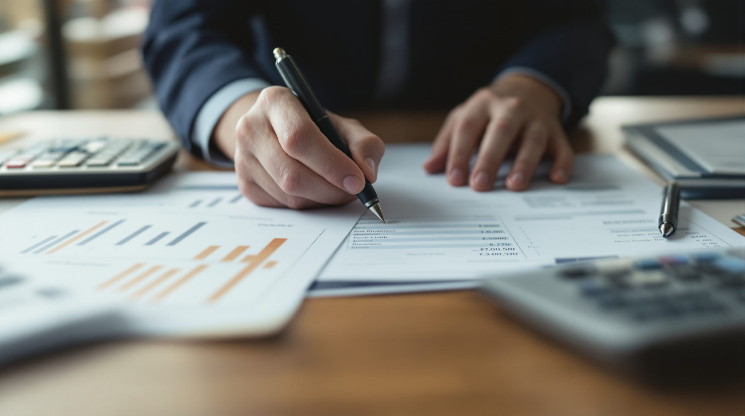 Bir ofis masasında bulanık finansal belgeleri inceleyen eller